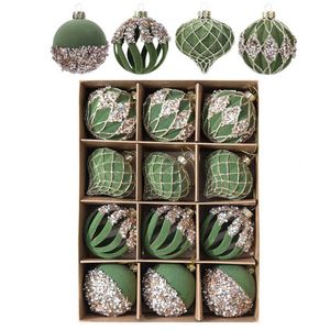 Catzon 12 Pcs Velvet Christmas Balls 6CM with Rhinestone for Holiday Party Decor-Army Green
