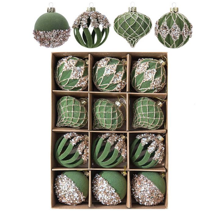 Catzon 12 Pcs Velvet Christmas Balls 6CM with Rhinestone for Holiday Party Decor-Army Green