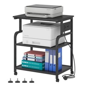 Ufurniture Mobile Printer Stand with Power Outlet 3 Tier Heights Adjustable 56×38 ×65cm Black