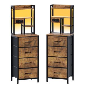 Advwin 2xTall Bedside Table with Charging Station And Led Lights, Nightstand with 4 Drawers Brown