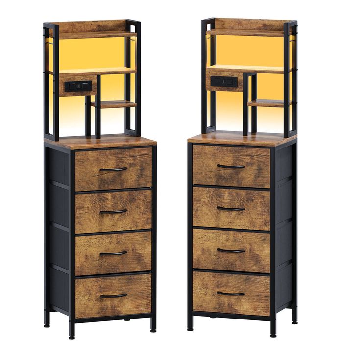 Advwin 2xTall Bedside Table with Charging Station And Led Lights, Nightstand with 4 Drawers Brown