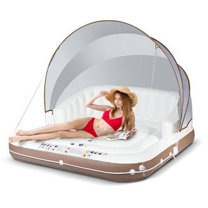 Costway Inflatable Island Pool Floating Bed with 2 Cup Holders&Detachable Canopy