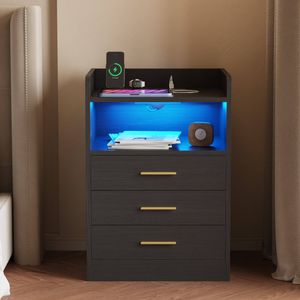 Advwin Bedside Table RGB LED Nightstand Charging Station 3 Drawers Cabinet Black