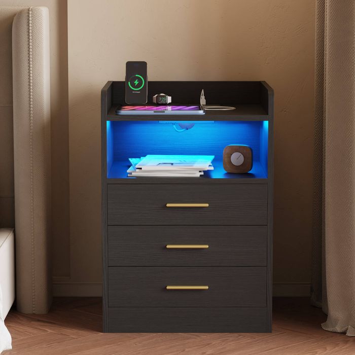Advwin Bedside Table RGB LED Nightstand Charging Station 3 Drawers Cabinet Black
