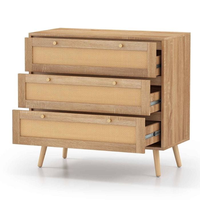 Costway 3 Drawer Rattan Dresser Chest Boho Nightstand Modern Entryway