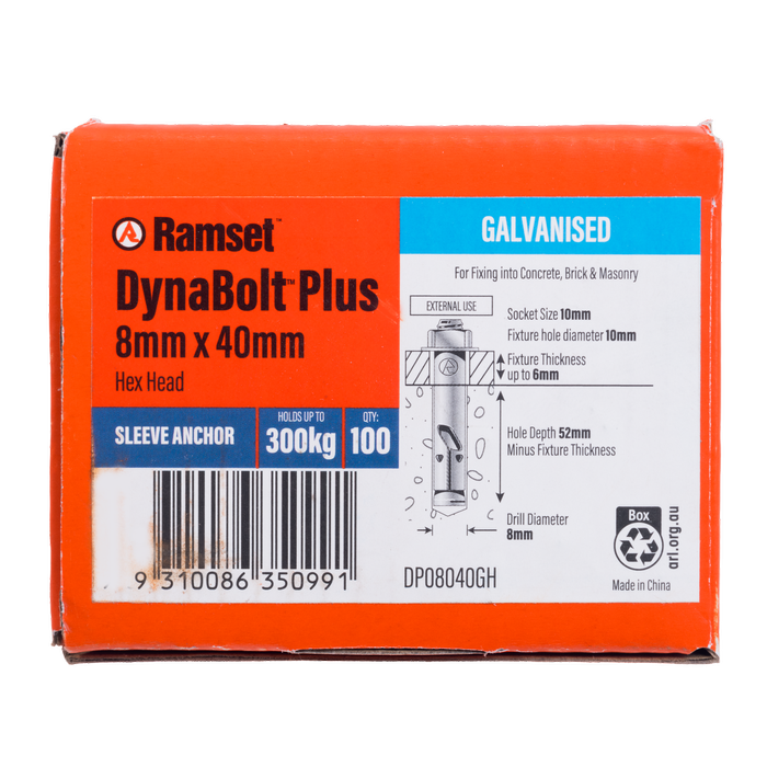Ramset 8 x 40mm Galvanised DynaBolt Plus Hex Nut Bolt
