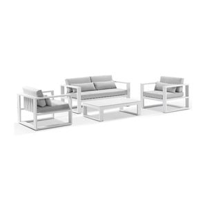 Santorini 2+1+1 Outdoor Aluminium Lounge Set White With Coffee Table & Olefin Light Grey Cushions