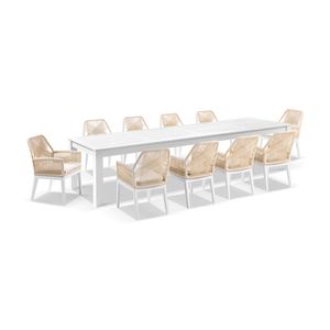 Santorini 3.55m Outdoor Aluminium Dining Table White With 12 Hugo Chairs & Cream Rope/Cream Cushions