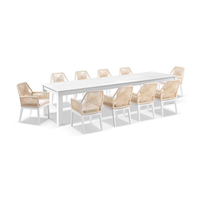 Santorini 3.55m Outdoor Aluminium Dining Table White With 12 Hugo Chairs & Cream Rope/Cream Cushions