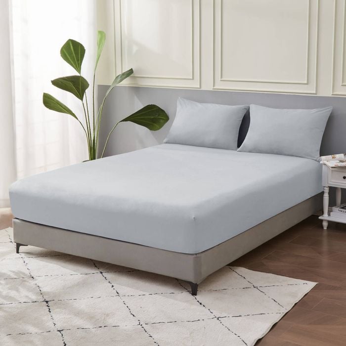 LINENOVA 100% Pure Cotton Deep Fitted Sheet Cover - King Single, Silver
