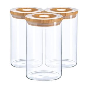 Argon Tableware Glass Storage Jars -wooden Lid - 1l - Modern Round Scandi Organisation Container Glass Jar - Set Of 3