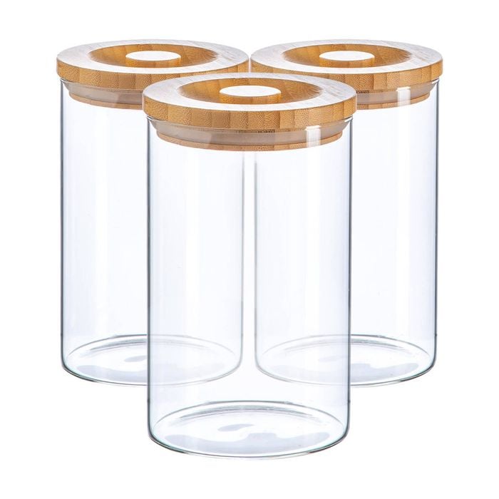 Argon Tableware Glass Storage Jars -wooden Lid - 1l - Modern Round Scandi Organisation Container Glass Jar - Set Of 3