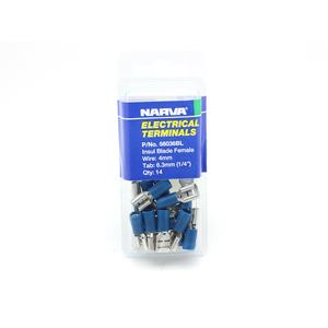 Narva 4mm / 6.3 x 0.8mm 1/4" Blue Double Crimped Flared Vinyl Insulated  Female Blade Terminal - 14 Pack