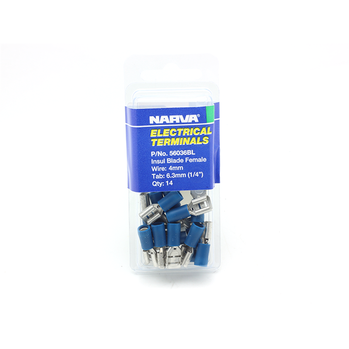 Narva 4mm / 6.3 x 0.8mm 1/4" Blue Double Crimped Flared Vinyl Insulated  Female Blade Terminal - 14 Pack