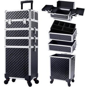 Advwin Makeup Trollery Case 4 in 1 Rolling Cosmetic Trollery Aluminum Cosmetic Case Salon Barber Case with 360° Universal Wheels
