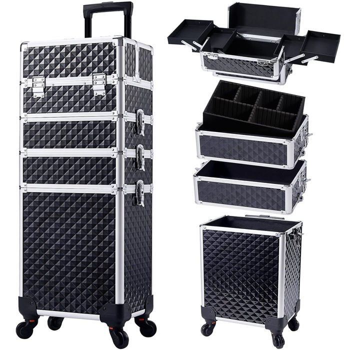 Advwin Makeup Trollery Case 4 in 1 Rolling Cosmetic Trollery Aluminum Cosmetic Case Salon Barber Case with 360° Universal Wheels