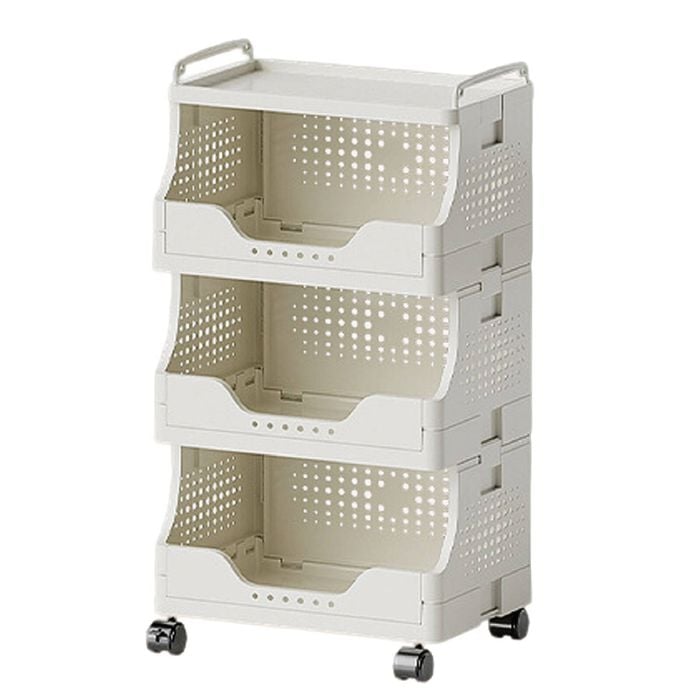 Foret Foldable 4-tier Trolly Storage Cabinet Open Basket Organizer Wheels Cream