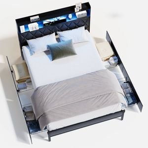 Ufurniture Metal Bed Frame with LED Lights PU Upholstered Storage Headboard & Charging Station 4 Storage Drawers Queen Size