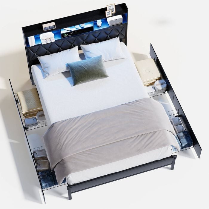 Ufurniture Metal Bed Frame with LED Lights PU Upholstered Storage Headboard & Charging Station 4 Storage Drawers Queen Size