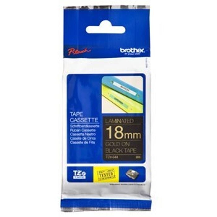 Brother Tze-344 Gold On Black Laminated Labelling Tape - 18mm X 8 Metres