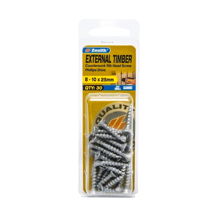 Zenith 8 - 10 x 25mm Galvanised Countersunk Rib Head External Timber Screws - 30 Pack