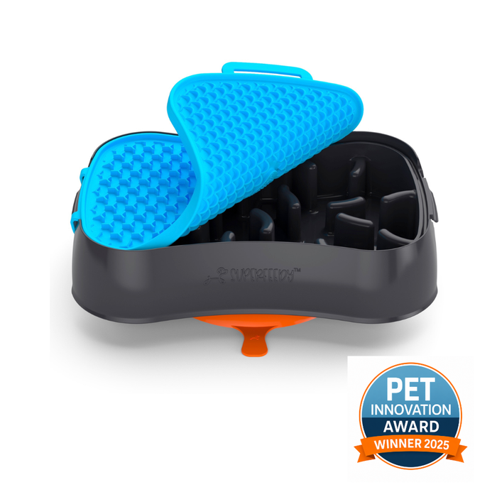 Super Feedy, Versatile 4-in-1 Slow Feeder Dog Bowl - Grey/Blue Reversible Lick Mat