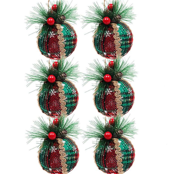 Catzon 6 Pcs Christmas Ball Ornaments 8CM with Pine Cones and Greenery for Xmas Party-Set 1