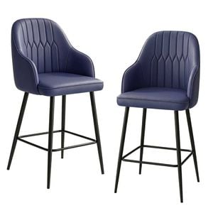 Familand Faux Leather Bar Stools Set Of 2 Navy Upholstered Barstools With Backrest Footrest