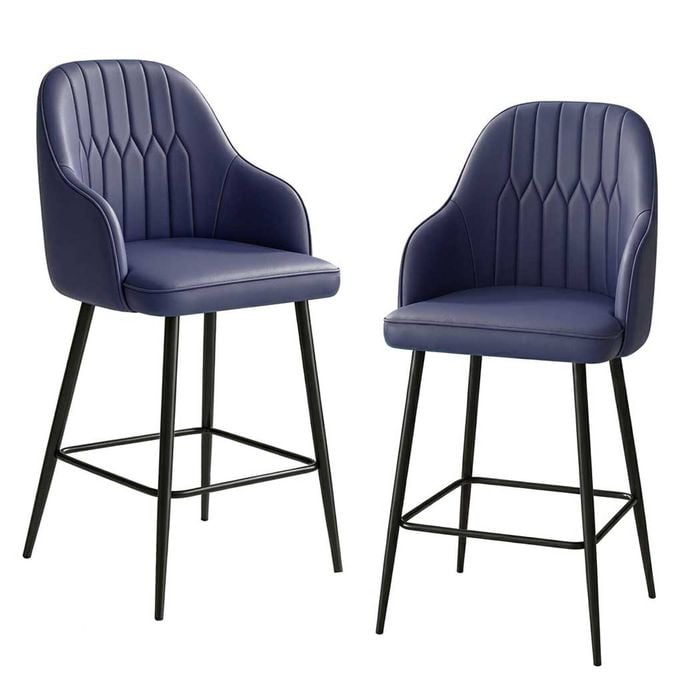 Familand Faux Leather Bar Stools Set Of 2 Navy Upholstered Barstools With Backrest Footrest