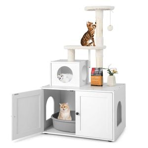 Costway 3in1 Cat Tree Kitten Litter Cabinet Sisal Post Kitty Activity Center White