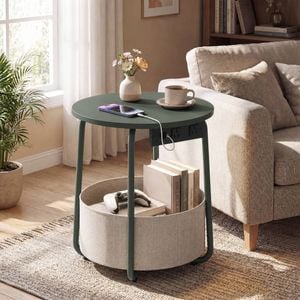 Advwin Side Table Sofa End Table w/ Charging Station Round Bedside Table w/ Basket Green