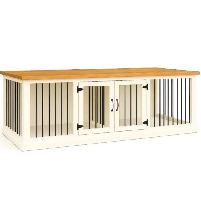 Paws and Willow Double Arctic White with Natural Top Wooden Dog Crate Hinged Door with Bars