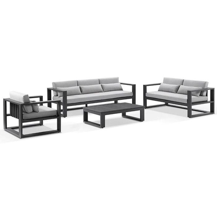 Outdoor Santorini 3+2+1 With Coffee Table In Charcoal With Denim Grey Cushions