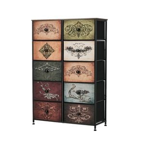 Oikiture 10 Chest Of Drawers Retro Tallboy Printed Foldable Fabric Drawers