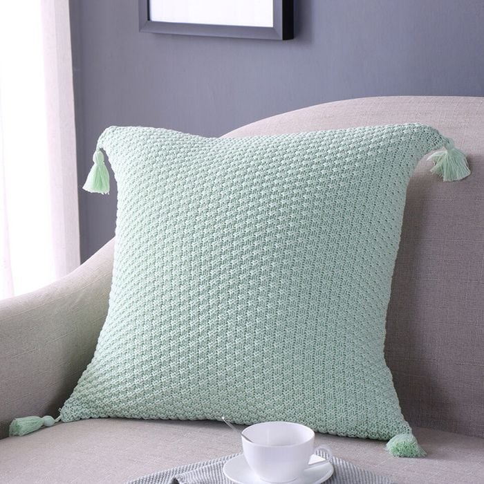 CottonMore Cotton Knitted Tassel Cushion Cover Mint 45x45cm