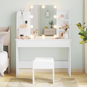 Advwin Dressing Table Stool Set 10 LED Adjustable Bulbs Makeup Mirror