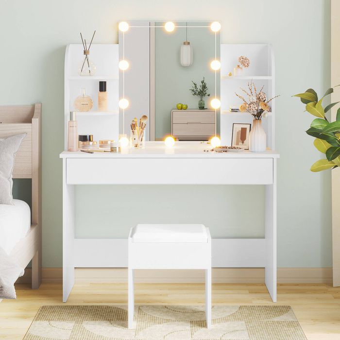 Advwin Dressing Table Stool Set 10 LED Adjustable Bulbs Makeup Mirror