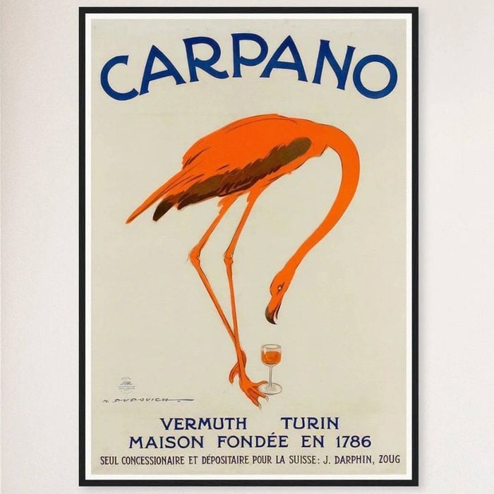 Galrie Carpano Vermouth Flamingo Vintage Advertising Poster for Collectors and Home, Black Frame, A0 84 x 119cm (33 x 47inch)