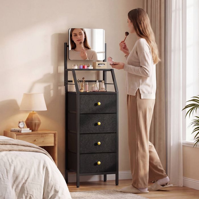 Ufurniture Narrow Dressing Table With Adjustable Mirror 2-in-1 Vanity Desk Nightstand 4 Drawers, 2-tier Shelves Black