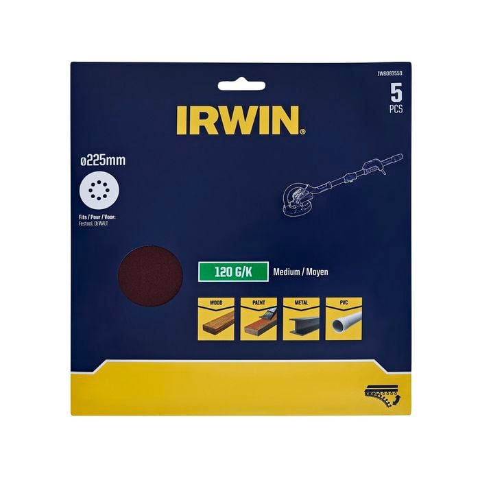 IRWIN 225mm 180 Grit 8 Holes Quick Fit Drywall Discs - 5 Pack
