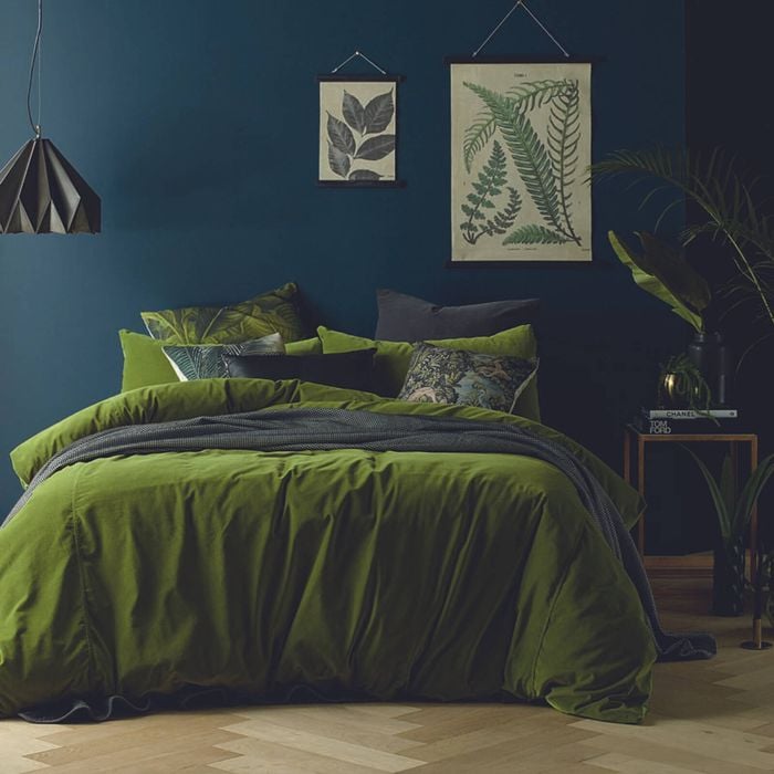 Vintage Design Homewares Super King Dark Olive Green Mossy Road Cotton Velvet Quilt Cover Set