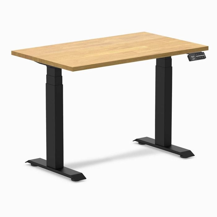 Desky Dual Mini Light Oak Rubberwood Sit To Stand Desk 1000x600mm Matte Black Frame