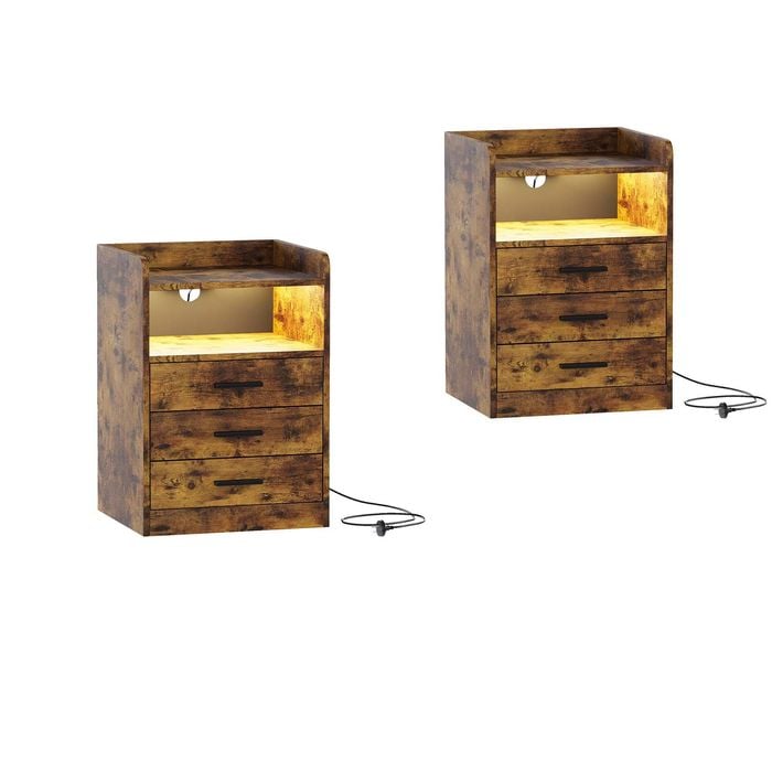 Ufurniture 2xbedside Table Rgb Led Nightstand 3 Drawers With Charging Station And Usb Port Walnut