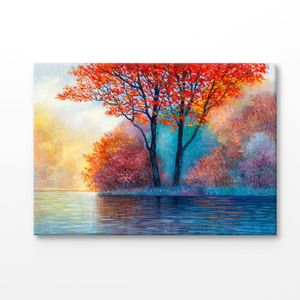 Red Maple Tree Near Lake Oil Painting Print 100% Australian Made 75x50cm (Stretched Canvas)