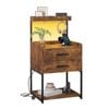 Ufurniture Side Table with Charging Station and LED Lights Bedside Table Black