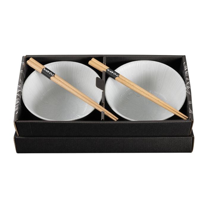 Omotenashi Kyo Sendan Set of 2 Donburi Bowls & Chopsticks - White