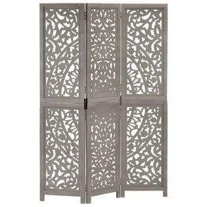 vidaXL Solid Mango Wood Hand carved 3-Panel Room Divider Grey 120x165cm Screen