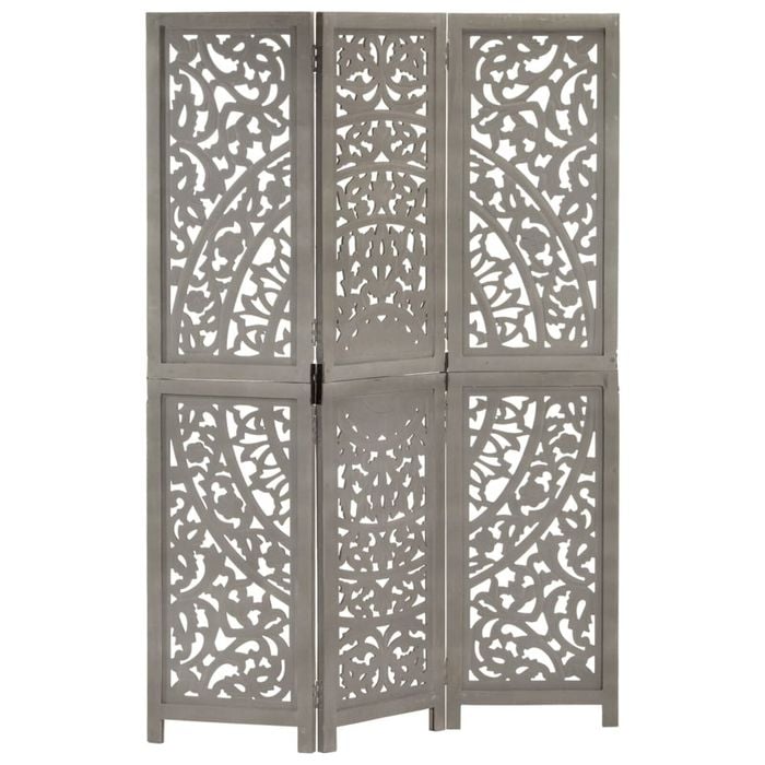 vidaXL Solid Mango Wood Hand carved 3-Panel Room Divider Grey 120x165cm Screen