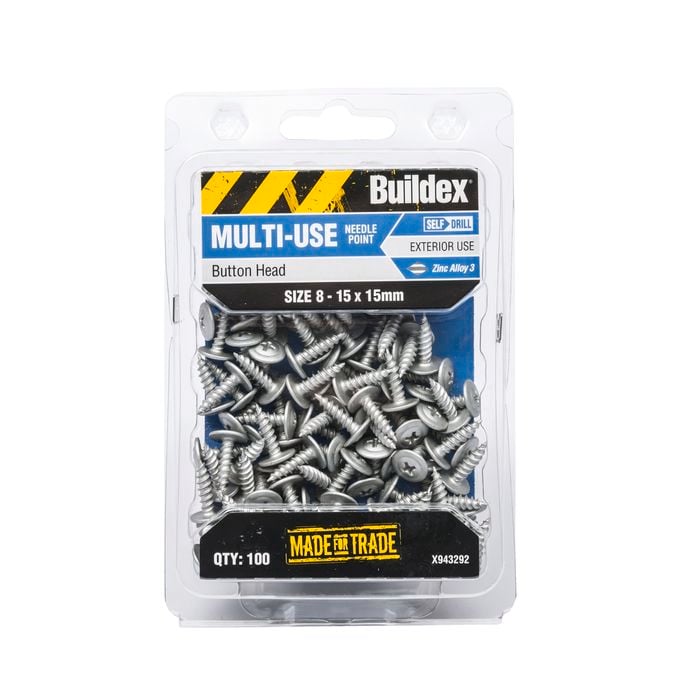 Buildex 8-15 x 15mm Zinc Alloy Button Head Needle Point Screws - 100 Pack