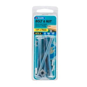 Zenith 1/4" x 75mm Zinc Plated Mushroom Head Bolt And Nut - 6 Pack